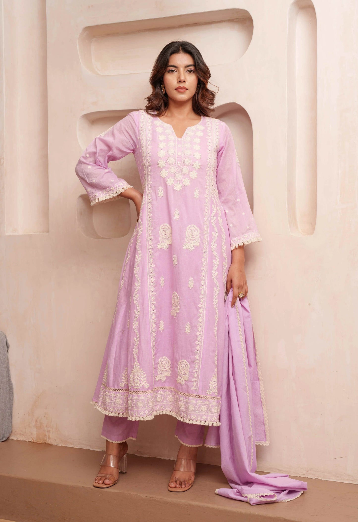 Chikankari Stitched Kurta Pants Suit Set With Dupatta - Set Of 3