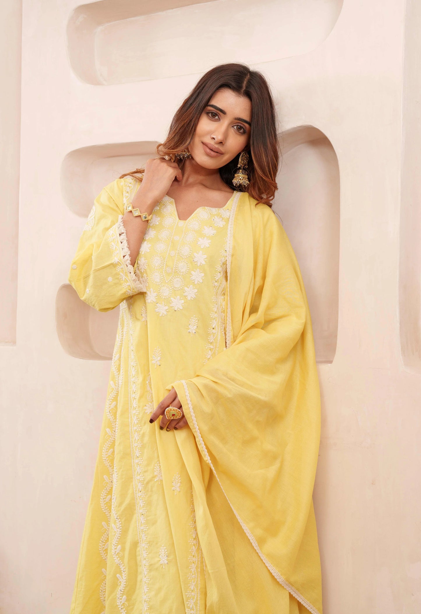 Chikankari Stitched Kurta Pants Suit Set With Dupatta - Set Of 3