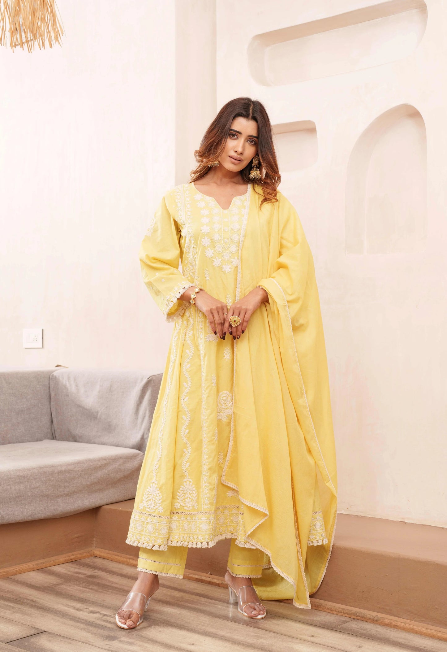 Chikankari Stitched Kurta Pants Suit Set With Dupatta - Set Of 3