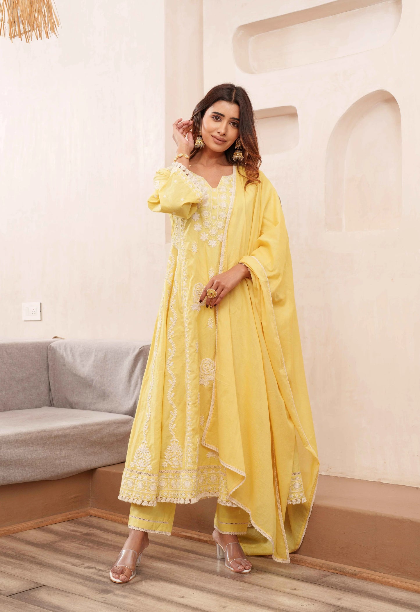 Chikankari Stitched Kurta Pants Suit Set With Dupatta - Set Of 3