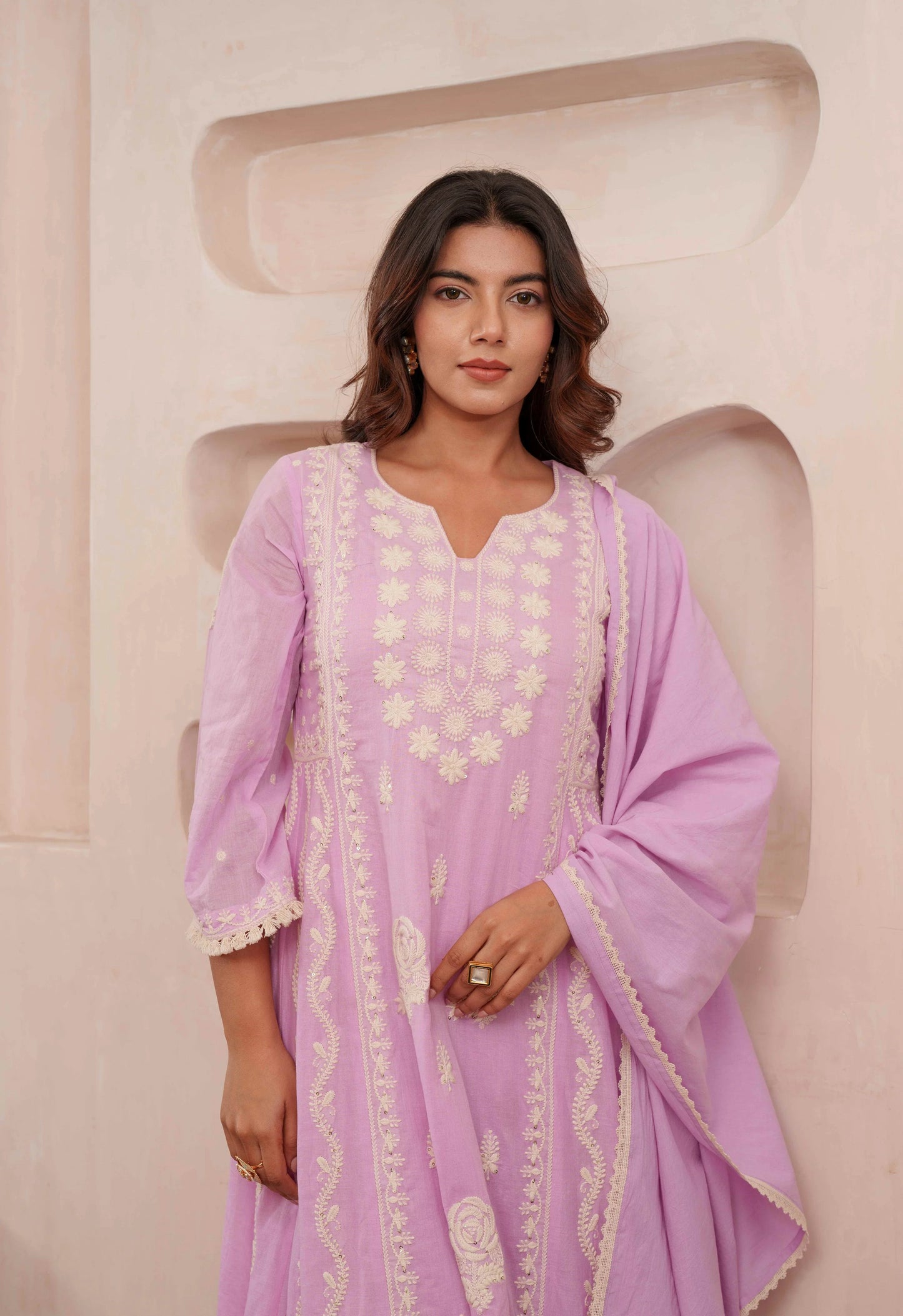 Chikankari Stitched Kurta Pants Suit Set With Dupatta - Set Of 3