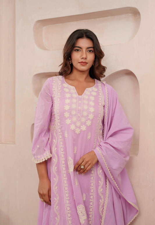 Chikankari Stitched Kurta Pants Suit Set With Dupatta - Set Of 3