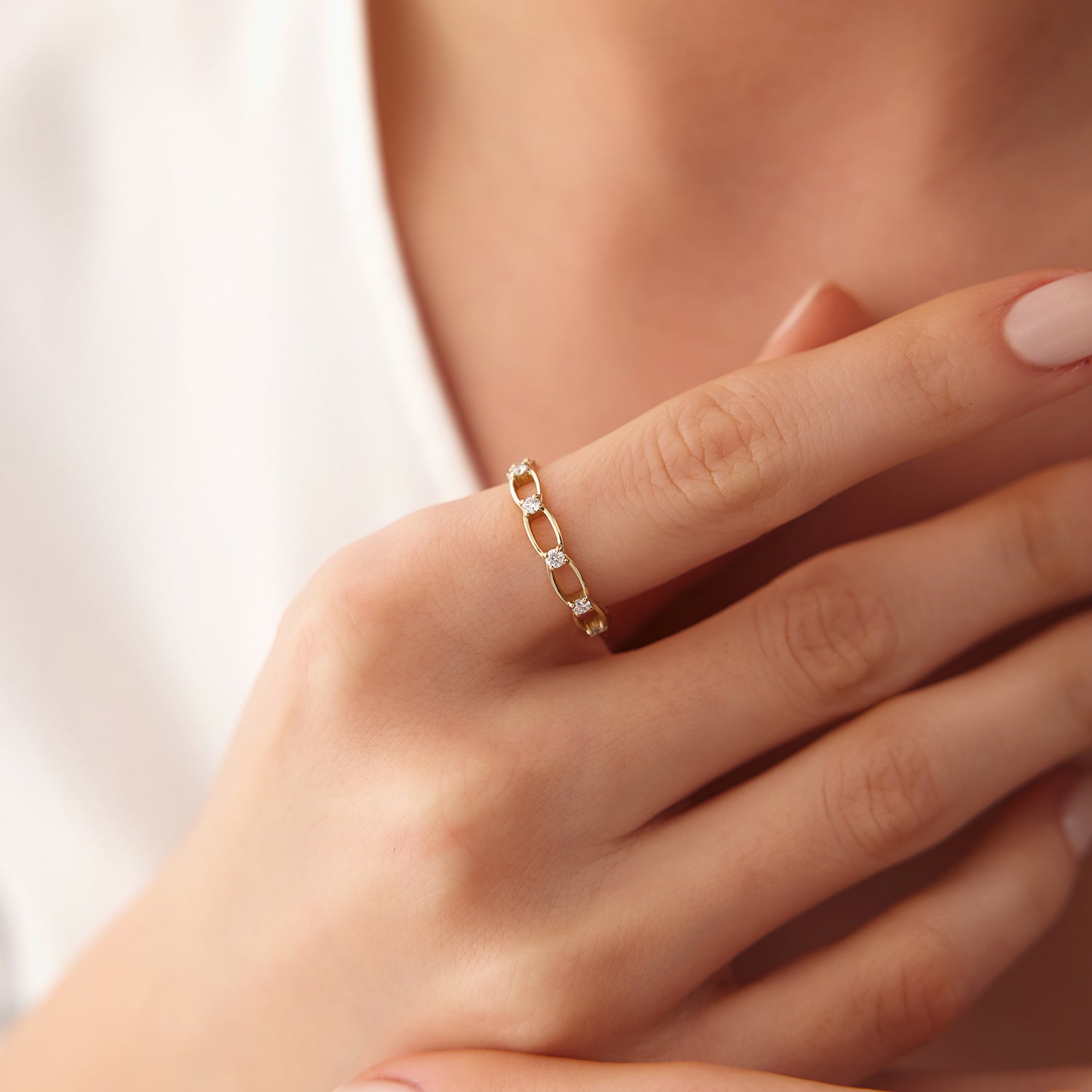 14K Gold Bezel Setting Unique Diamond Wedding Band - GeumJewels