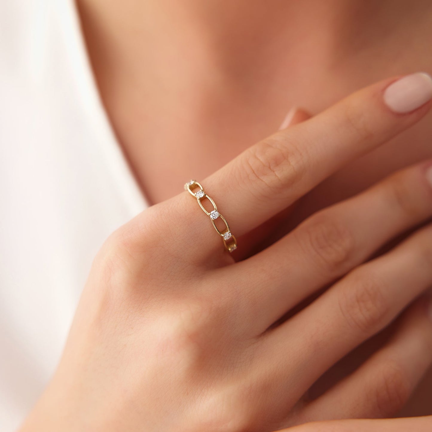 14K Gold Bezel Setting Unique Diamond Wedding Band - GeumJewels