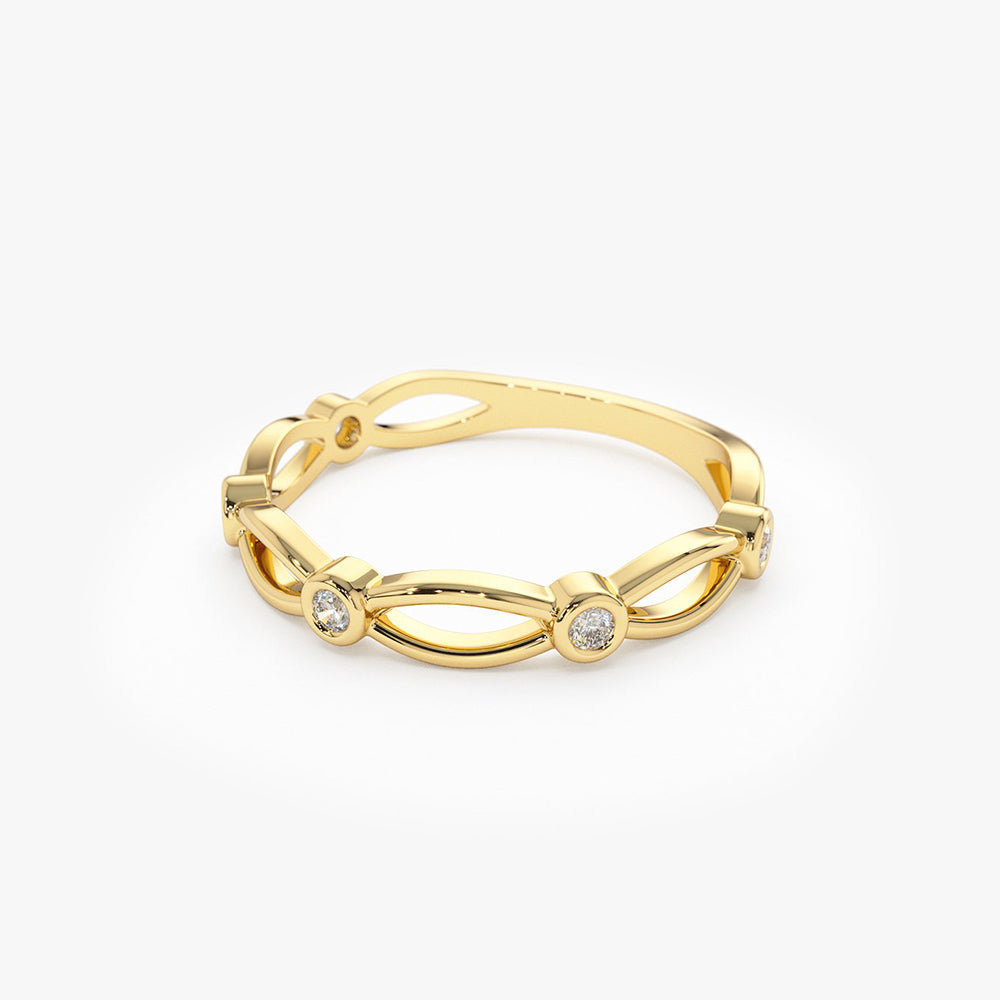 14K Gold Bezel Setting Unique Diamond Wedding Band - GeumJewels