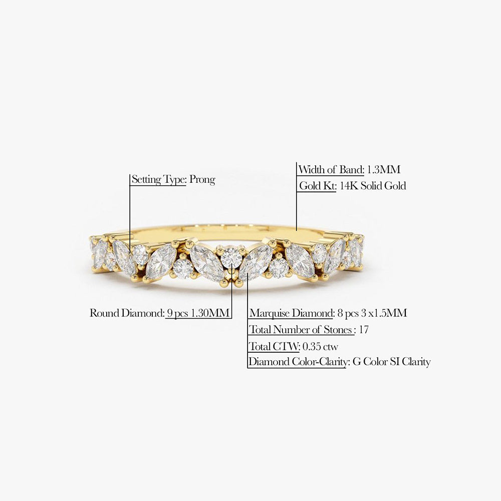 14K Gold Slanted Marquise and Round Diamond Ring - GeumJewels