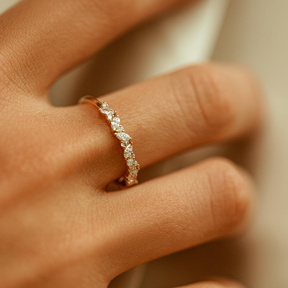 14K Gold Slanted Marquise and Round Diamond Ring - GeumJewels