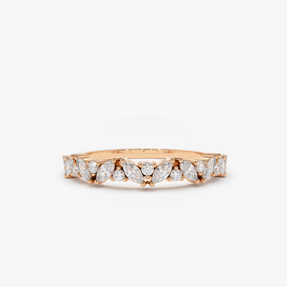 14K Gold Slanted Marquise and Round Diamond Ring - GeumJewels
